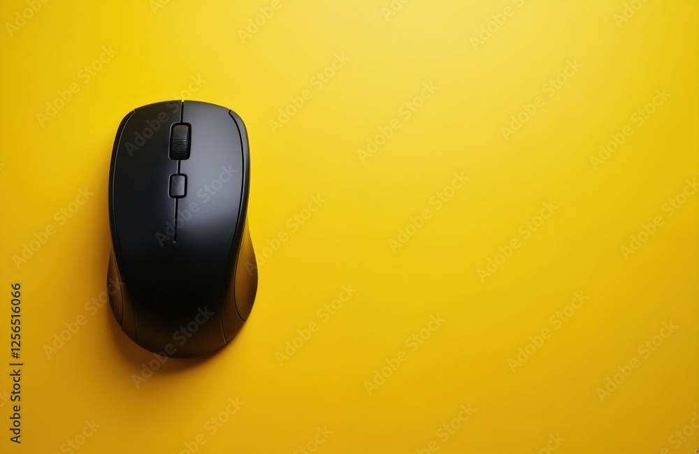 Poster black wireless mouse on yellow background. computer peripheral device with scroll wheel, optical int