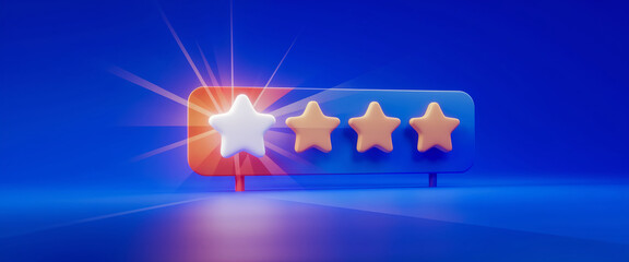 A 3D star rating slider showing one glowing white star and three orange stars on a vibrant blue background, representing user ratings and feedback system.