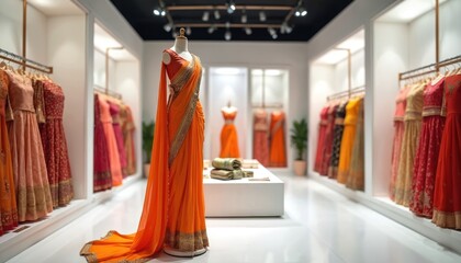 Luxury boutique orange Indian saree dress on mannequin. Festive Bollywood clothing, stylish party outfit. Traditional silk, chiffon attire in fashion store, banner. Handloom saree salon interior.