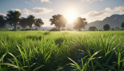 Softly swaying blades of emerald green grass stretch towards the sun, outdoors, lush