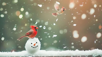  Two birds perched on a snowman in the foreground, with another snowman visible in the background