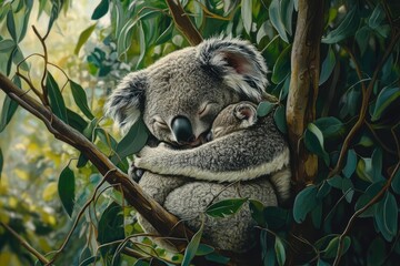 Fototapeta premium Mother Koala Carrying Her Baby on a Eucalyptus Branch in the Wild