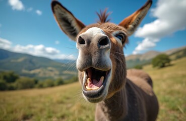 Naklejka premium Extreme close-up of funny donkey face against blue sky and mountain. Open mouth, teeth. Comic mule portrait in nature. Hilarious mammal with whiskers, brown fur on meadow. Animal joke theme.