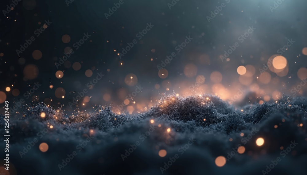 Poster mysterious abstract background with floating dust particles, soft bokeh lights illuminated against d