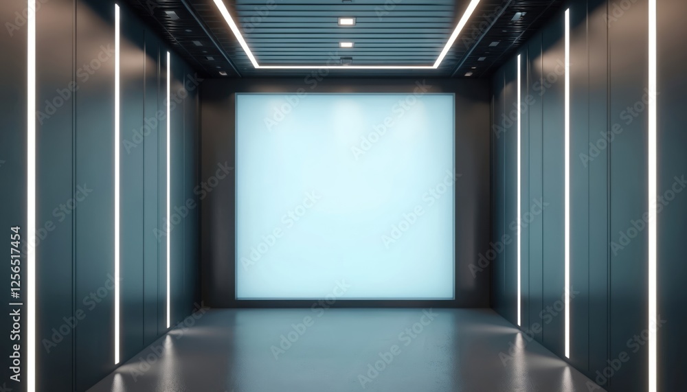 Poster contemporary office corridor design with empty illuminated wall for mockup rendering. concept of mod