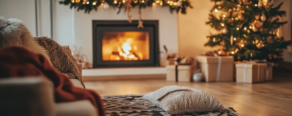 Cozy living room with fireplace and christmas tree decorated with golden lights