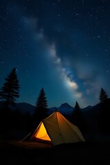 image d'une tente install&eacute;e pour faire du camping &agrave; l'ext&eacute;rieur sous un ciel sans aucun nuage et tr&egrave;s &eacute;toil&eacute;