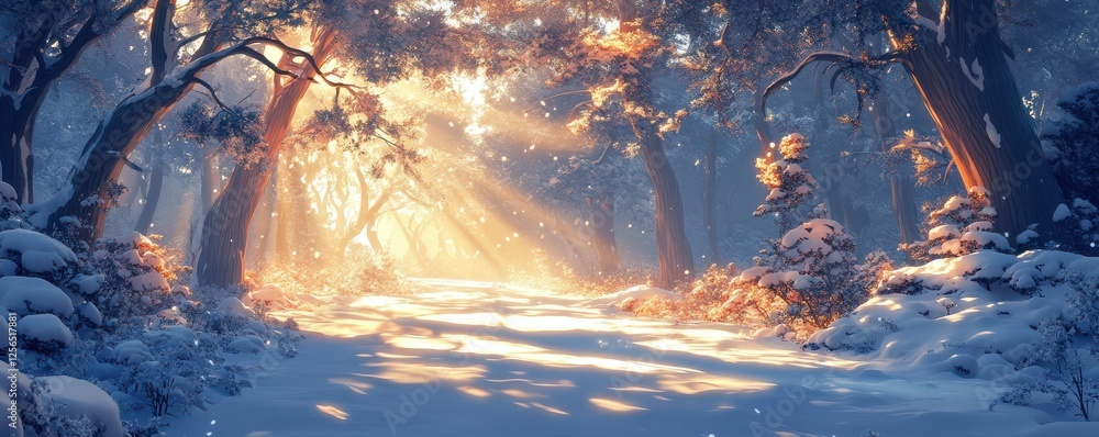Poster sunlit winter forest path with snow-covered trees and sparkling light rays
