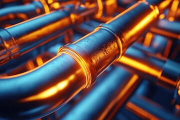 Naklejka premium A close-up view of metallic pipes illuminated with a warm glow, showcasing intricate details and a modern industrial aesthetic.