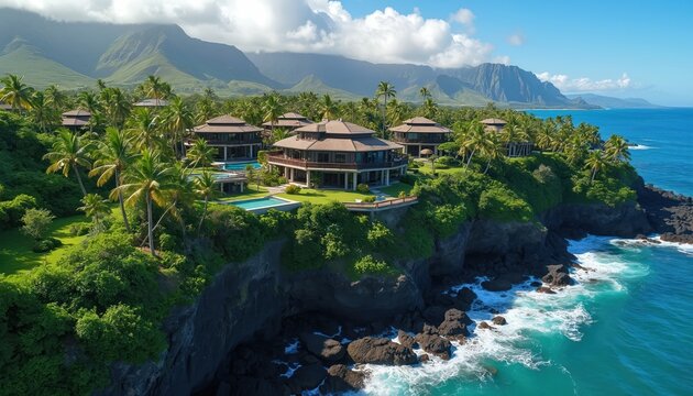 Luxury villas on green cliff with blue ocean view in Hawaii. Tropical island resort paradise with lush palm trees, turquoise sea waves hitting black rocks. Breathtaking real estate architecture. - Powered by Adobe