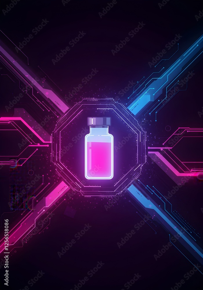 Aufkleber digital medicine bottle with glowing pink and blue circuit pattern on dark background. futuristic he