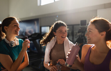 Small group of women resting and talking in gym