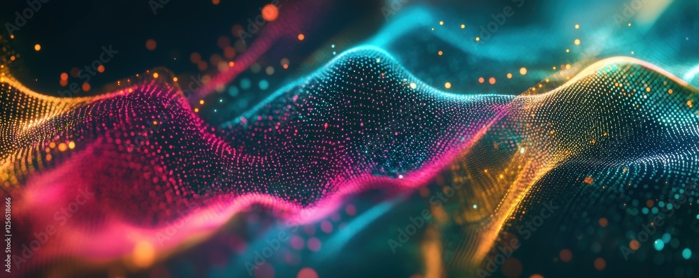 Poster colorful abstract digital wave with glowing particles in dynamic motion