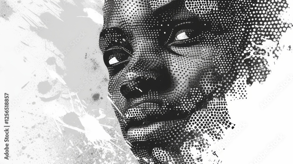 Poster a striking black-and-white halftone portrait featuring a close-up of a woman's face, merging abstrac