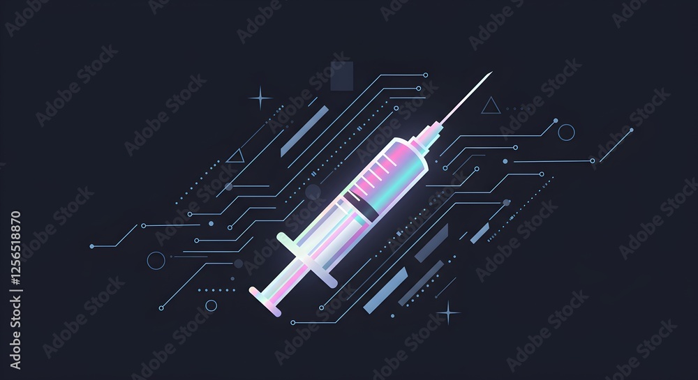 Poster digital medical injection syringe with electronic circuit pattern on dark background. futuristic hea