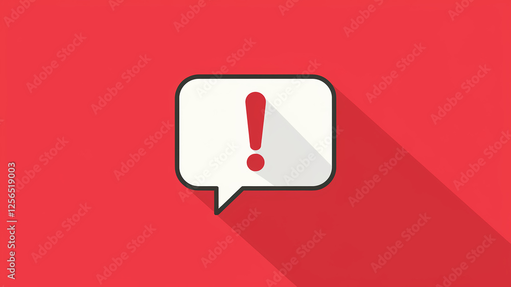 Poster minimalist alert concept with a white exclamation mark inside a speech bubble on a red background, s
