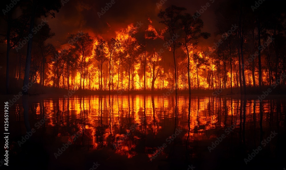 Poster a forest engulfed in a raging fire with the reflection in calm water below