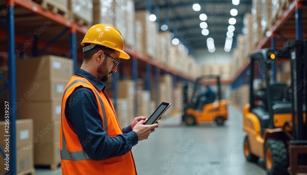 Poster warehouse supervisor uses tablet to check inventory. forklifts move boxes in background. man in helm