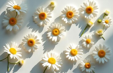 Obraz premium Delicate chamomile flower pattern with sunlight shadows on white background. Neutral aesthetic floral flat lay wallpaper with daisy blossom. Elegant foliage composition, greeting or invitation card.
