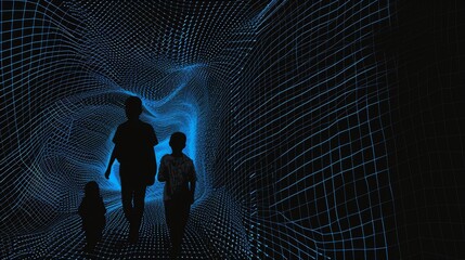 Silhouettes of three figures walking through an illuminated digital corridor with glowing blue grids, evoking themes of virtual reality, future exploration, and innovation. AI generated.