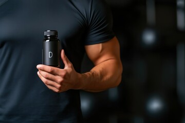 Muscular bodybuilder is holding a black bottle of vitamin d supplement, emphasizing the importance of vitamins and minerals for optimal health and performance in fitness training