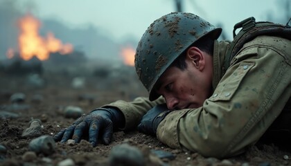 Soldier lies on ground in battlefield. War, conflict. Wearing military uniform, helmet. Exhausted face shows fatigue, hardship. Background fire, chaos. Resilience, human struggle, determination,