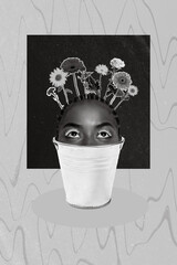 Creative photo 3d collage artwork poster picture of girl face inside bucket look growing flora...