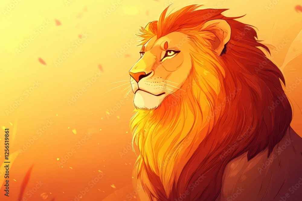 Poster Regal lion portrait with glowing golden mane in the soft light of sunset overlooking its domain. Generative AI
