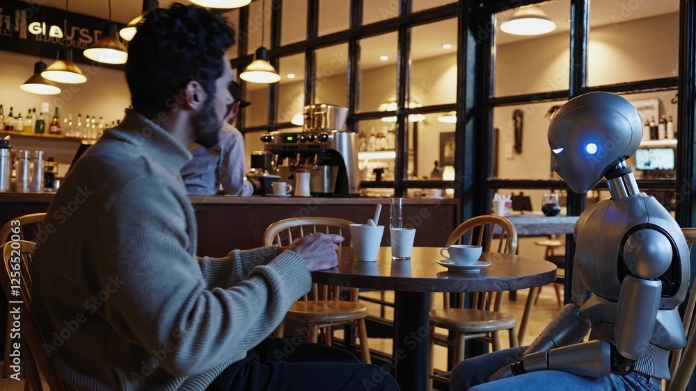 Poster humanoid robot companion engaging in conversational interaction with customer at modern cafe, repres