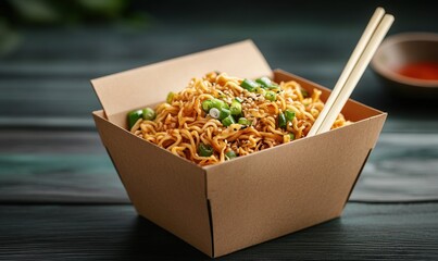Cardboard box of noodles waiting for client on wooden table in cozy setting