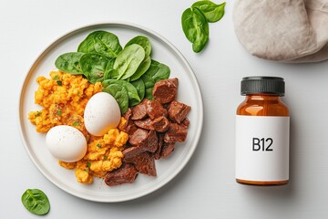 Healthy balanced meal featuring vitamin b12 rich ingredients like meat, eggs, and spinach, accompanied by a vitamin b12 supplement, arranged on a white table for a nutritious presentation