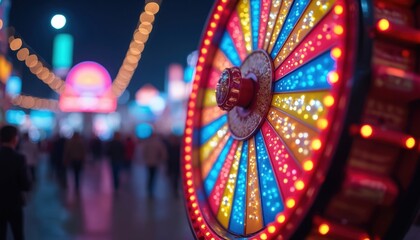 Close-up game show wheel with rainbow colors and blurred people crowd bokeh lights on background. Carnival colorful wheel spin, chance to win prize and fun, gambling entertainment.