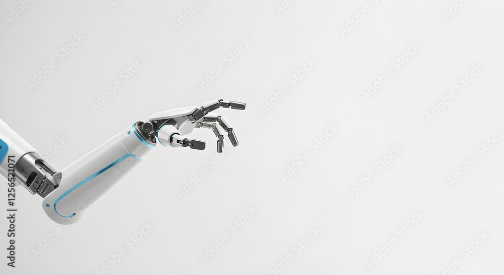 Poster white robotic arm on light background with copy space. modern technology mechanical manipulator with