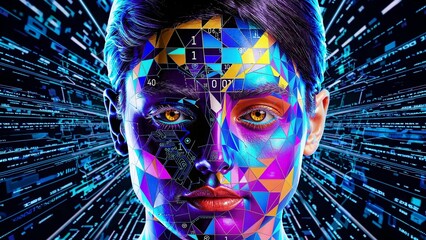 Advanced artificial intelligence scanning female face with futuristic heads-up display, revealing geometric patterns, biometric data visualization emerging through high-tech digital interface