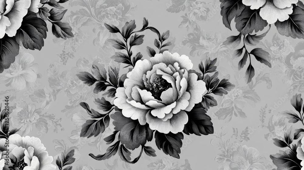 Poster dainty scrolling black and white floral element with a repeat enlarged design in grey behind it for 