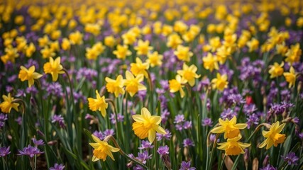 Fototapeta premium Lush field of bright yellow Daffodil flowers swaying in the breeze under a clear blue sky in a sunny day, spring, landscape