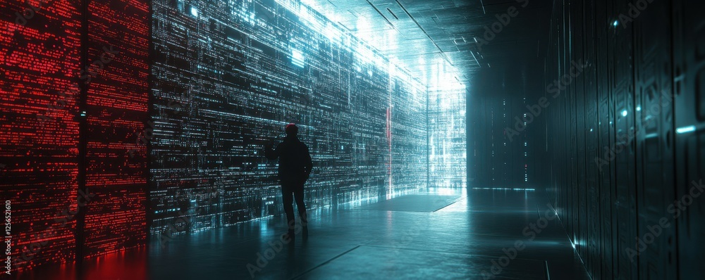 Poster silhouette of person walking in futuristic glowing corridor with digital patterns