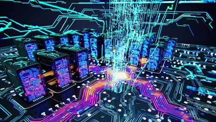 Complex quantum computing system processing digital data through advanced holographic motherboard, revealing neon-illuminated network with sophisticated technological connections