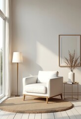Classic interior with furniture, decor. White armchair. Modern lamp, plant, frame near stucco wall in plaster. Living room interior in minimalism style. Home design template. 3d rendering