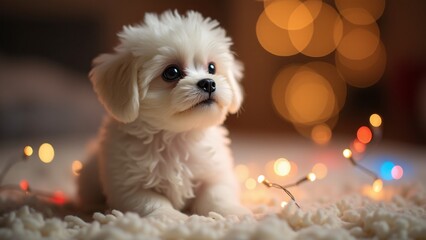 A fluffy Bichon Frise puppy sits on a plush rug, glowing under colorful fairy lights. Its soft white curls and curious gaze create a cozy, dreamy atmosphere.