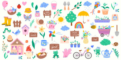 Cute spring stickers set with flower, bird, insect, weather icons, garden tools, seedlings, heart, bicycle, cloud. Vector illustration for sticker kit, scrapbooking, greeting card, poster, tag