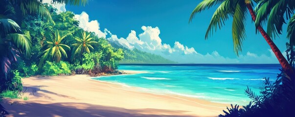 Tropical beach paradise with blue ocean and palm trees under bright sun