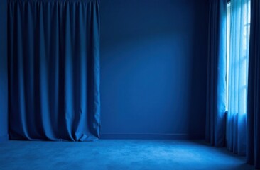 An empty room with blue curtains