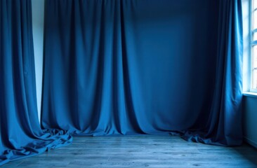 An empty room with blue curtains