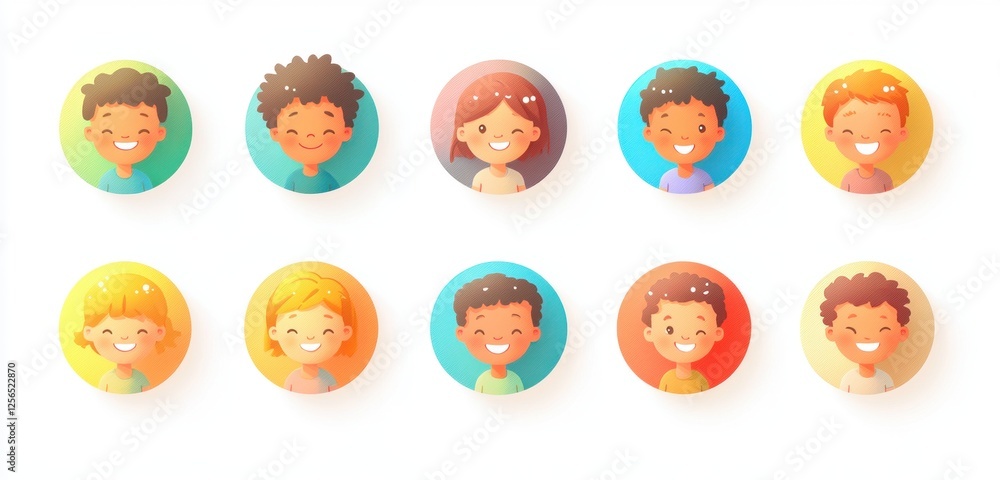 Poster a set of round vector icons featuring smiling children in different poses and skin tones, each with 