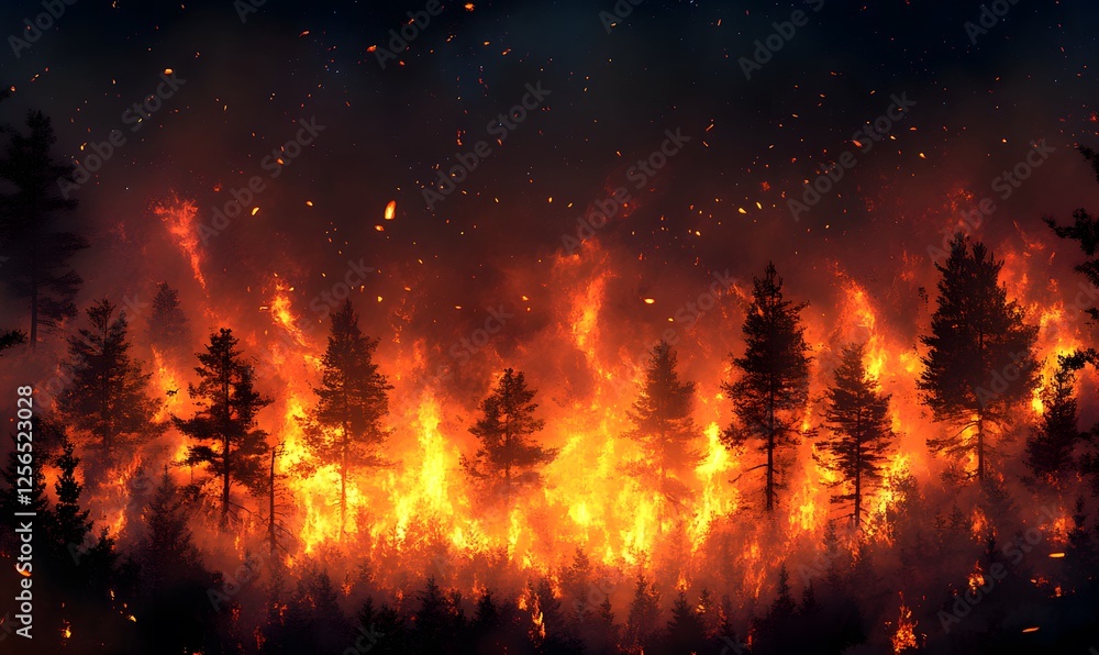 Poster a devastating forest fire rages at night, flames engulfing trees and creating a chaotic scene with s