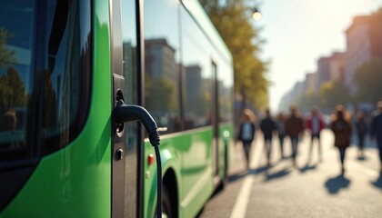 Green electric bus charges at station with walking people. Urban public transport, eco friendly electrical energy, power plug. Modern city mobility solution. Sustainable tech innovation, clean
