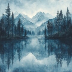Majestic mountain landscape with serene blue shades reflecting on a tranquil lake during early morning light in a picturesque wilderness setting