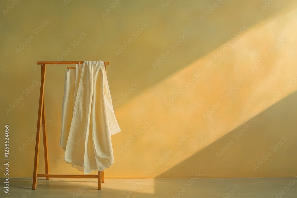Poster minimalist clothing rack displaying neatly arranged garments in warm light. generative ai