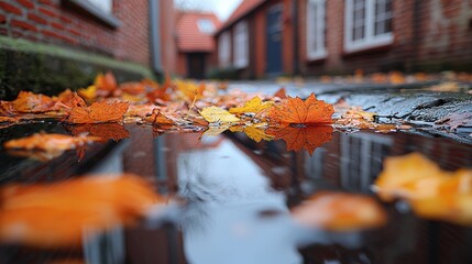 Autumn leaves reflected in a puddle on a cobblestone street.